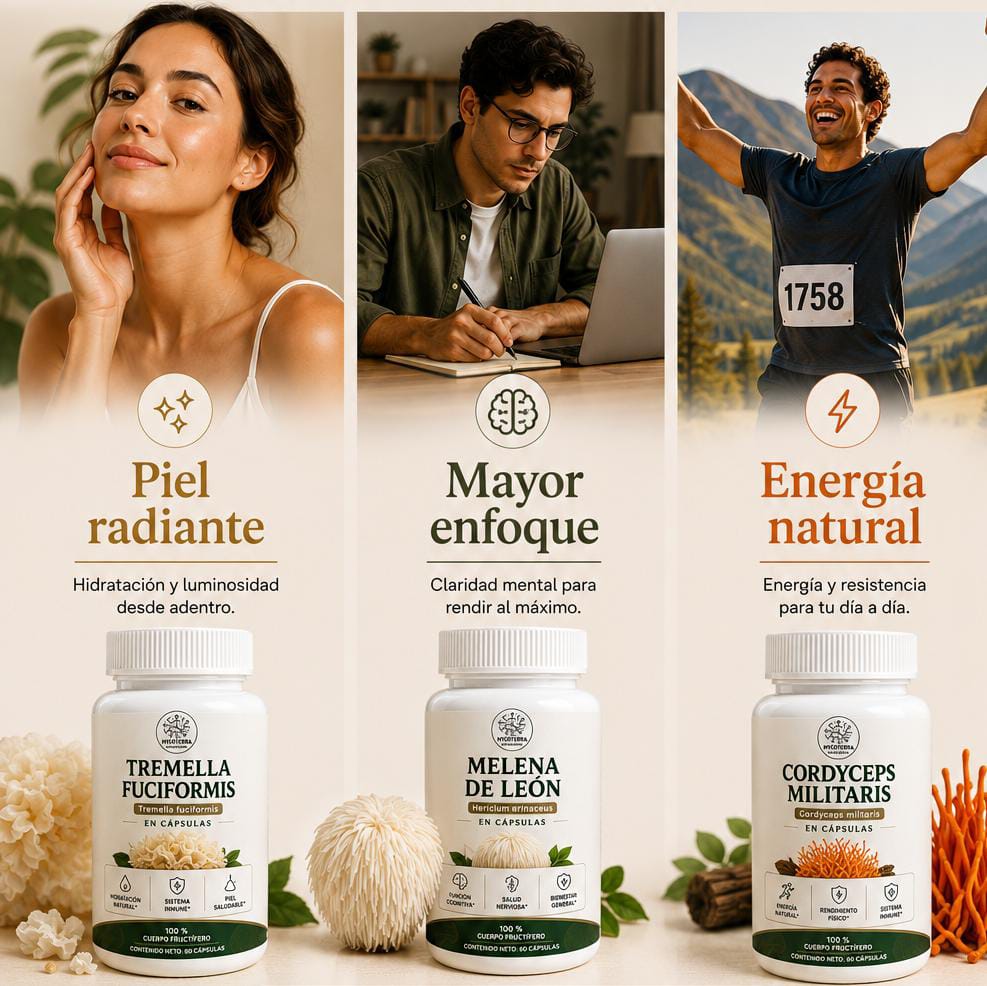 Los tres frascos Mycoterra — Melena de León, Cordyceps y Tremella