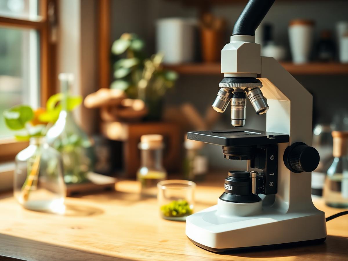 Microscopio en laboratorio con extractos de hongos funcionales